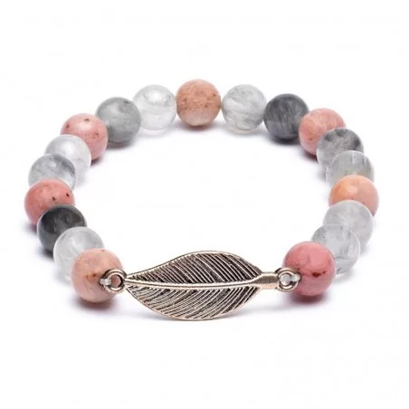 Armband Mala Rhodonit - grauer Quarz mit Feder