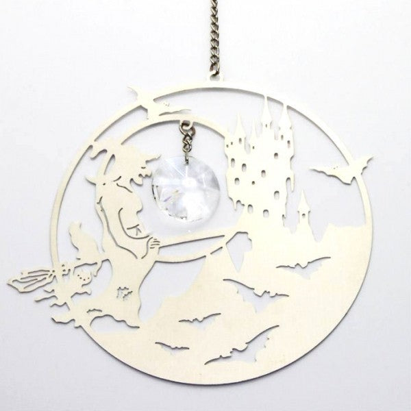 Fensterbild Hexenritt im Vollmond | verchromter Edelstahl