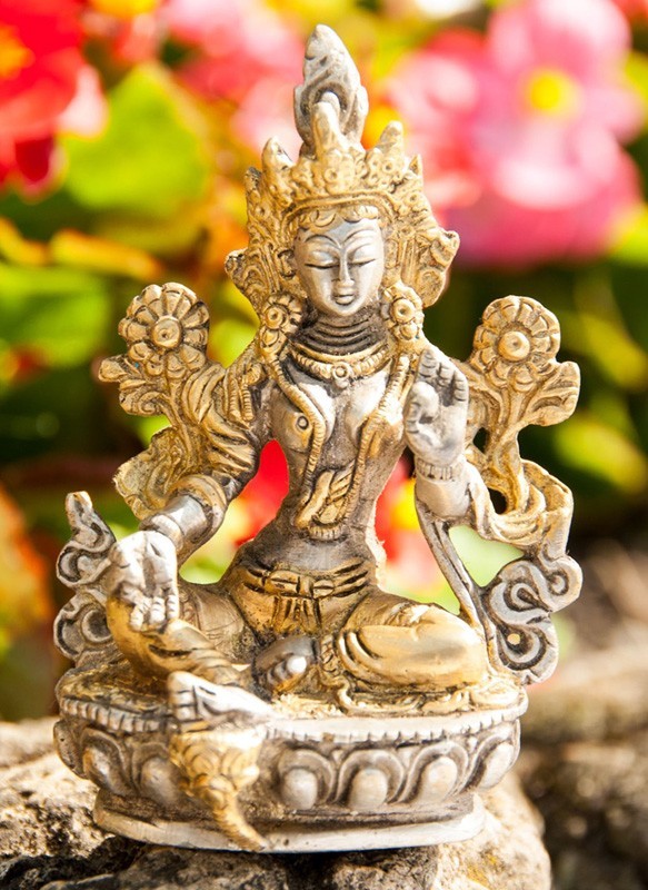 Grüne Tara 9,5cm Messing teilversilbert