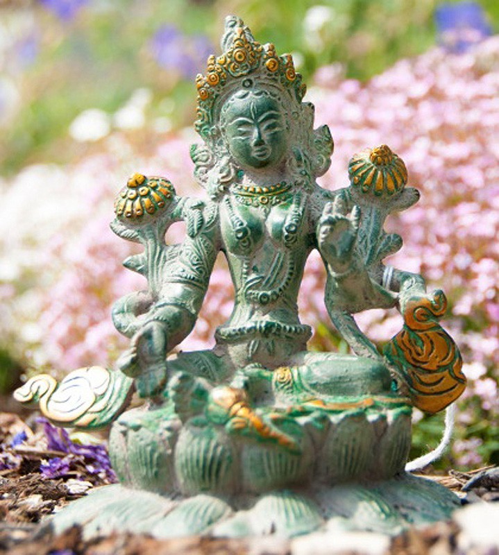 Grüne Tara 16cm Messing antik teilvergoldet