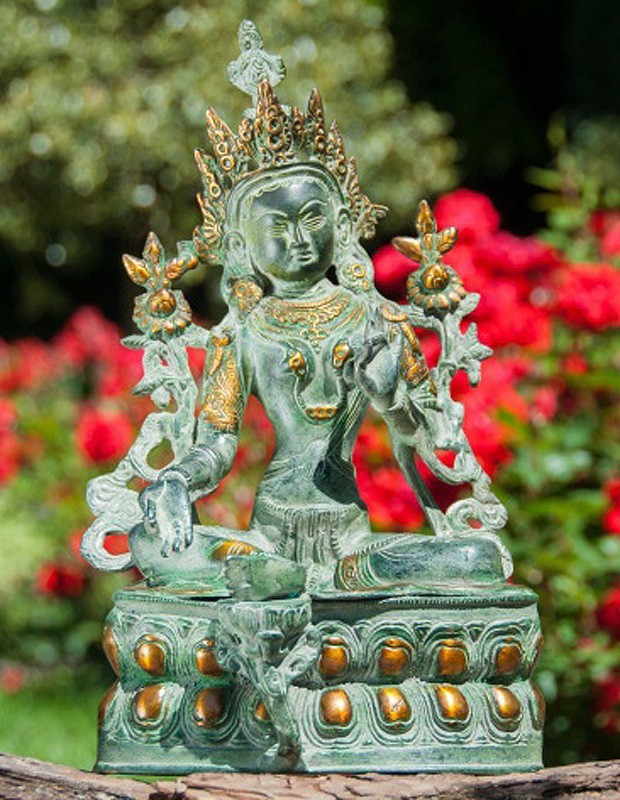 Grüne Tara 36 cm Messing antik teilvergoldet