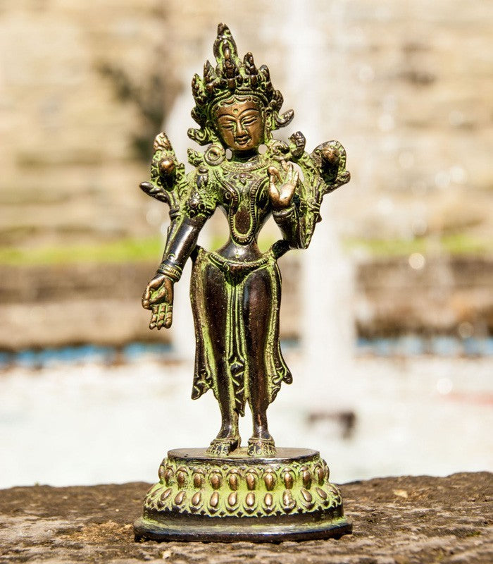 Grüne Tara 16cm Messing antik stehend