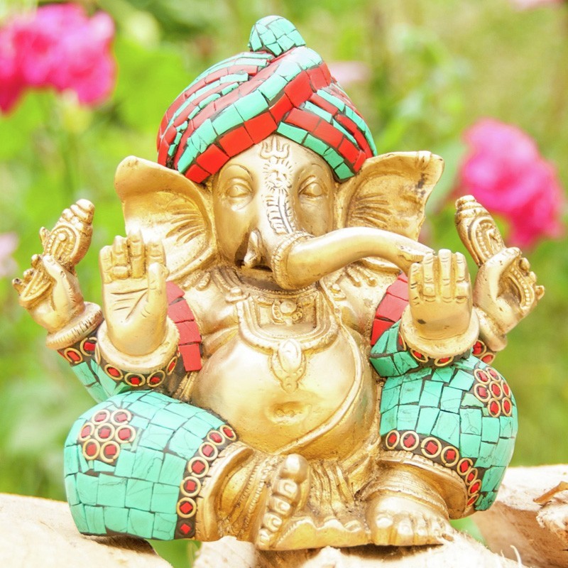 Ganesha 16cm Messing | mit Türkis- und Korallen-Steinen