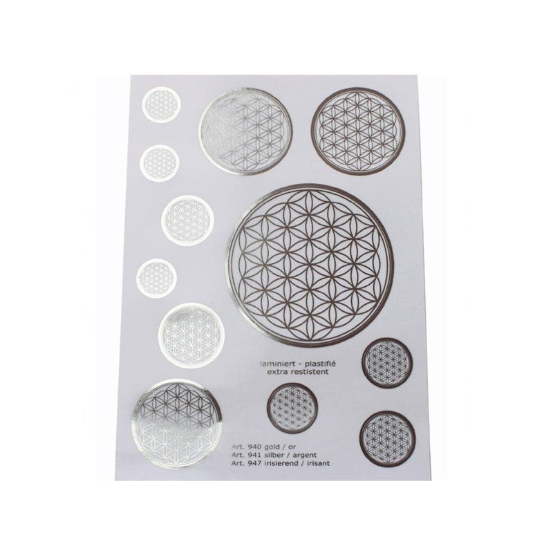 A5 silber Aufkleber Blume des Lebens | 12 Aufkleber div. Grössen