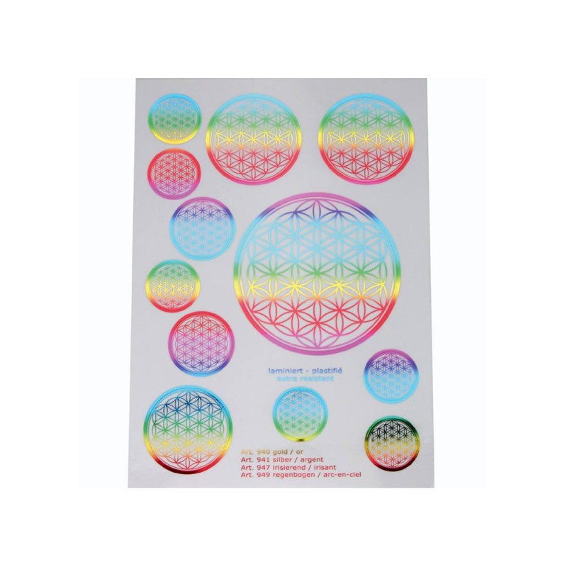 A5 regenbogen Aufkleber Blume des Lebens | 12 Aufkleber div. Grössen