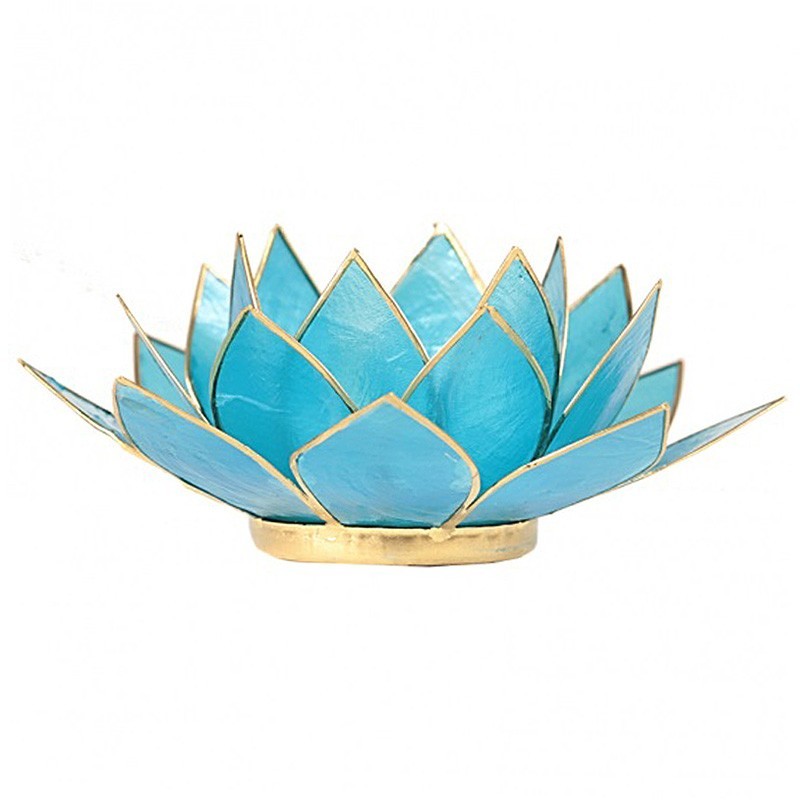Teelichthalter Chakra Lotus - gold-hellblau | mit Capiz-Muscheln