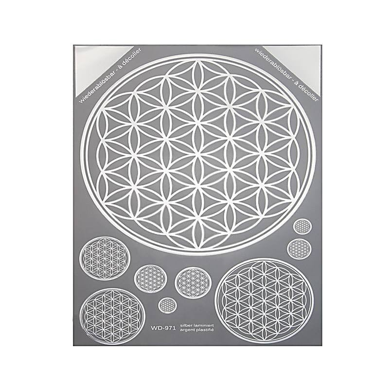 A3 silber Aufkleber Blume des Lebens | 9 Aufkleber div. Grössen