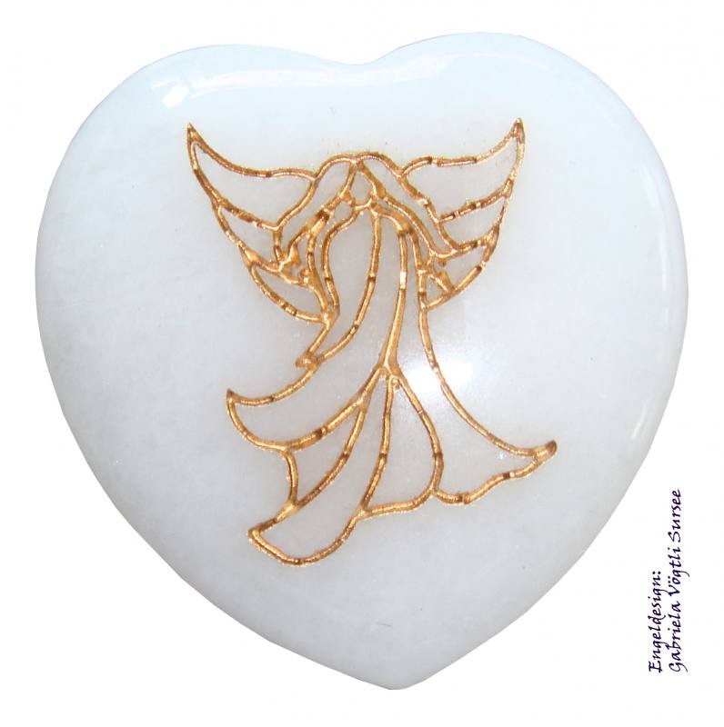 Edelstein Herz - Jade weiss mit Engel 35mm
