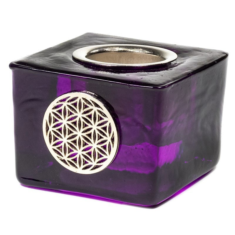Glas Kerzenhalter Kubus - Blume des Lebens | für Stabkerzen