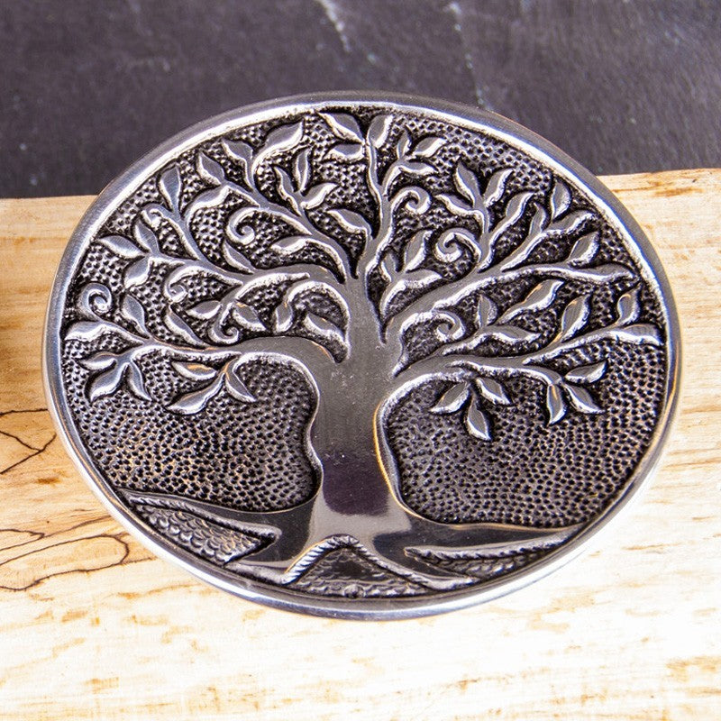 Weissmetallhalter Relief rund - Lebensbaum | Räucherstäbchenhalter