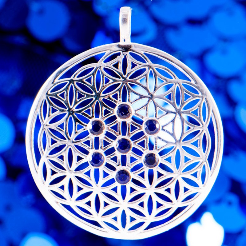 Anhänger Blume des Lebens mit blauen Saphiren