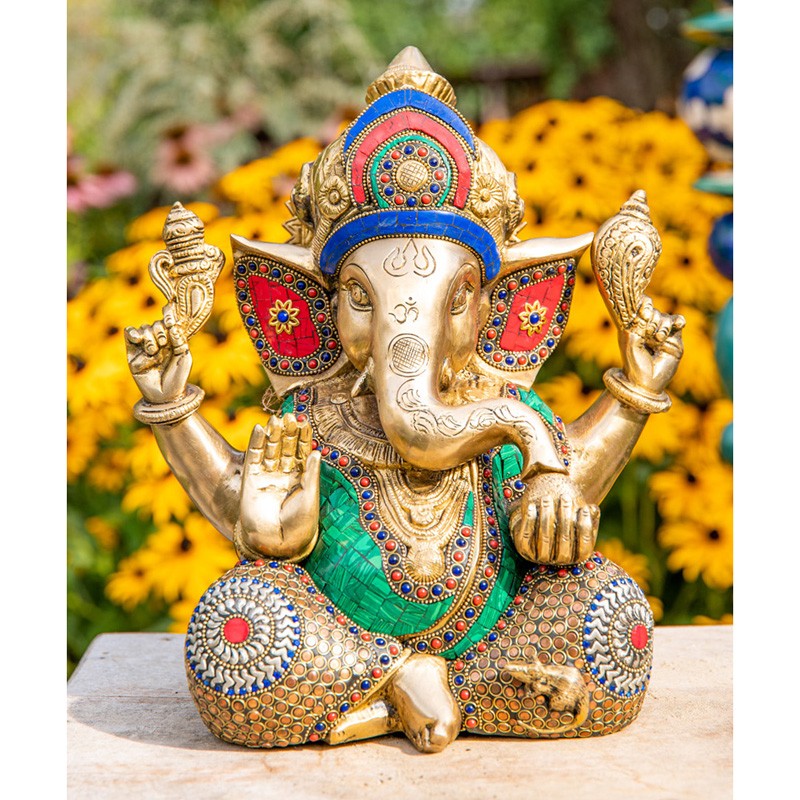 Ganesha Messing mit Steinkunst, Kupfer- und Silberintarsien