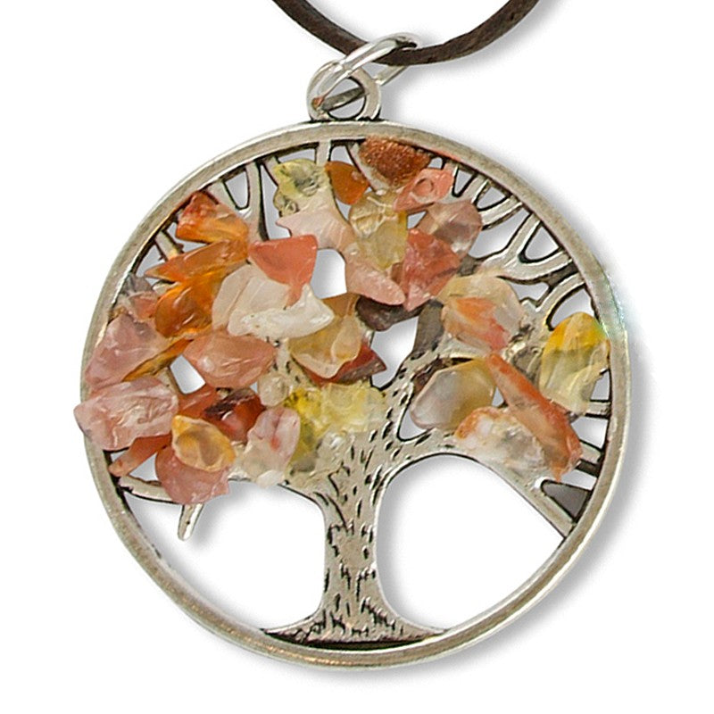 Halskette Lebensbaum mit rötlichem Bergkristall | mit Lederband