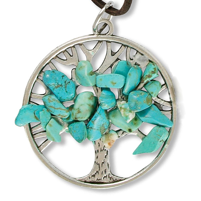 Halskette Lebensbaum mit Türkis | mit Lederband