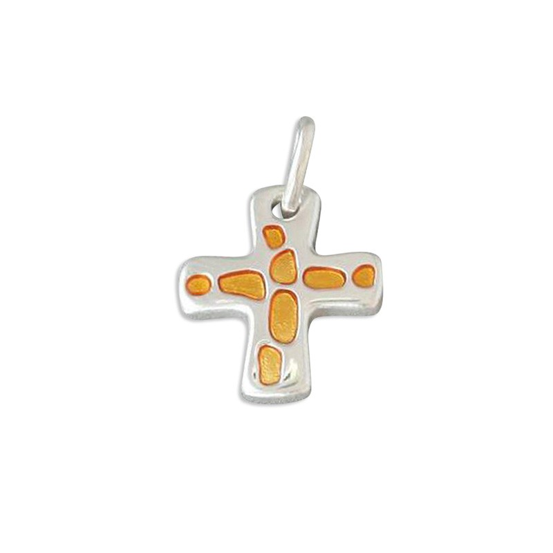 Anhänger - Kreuz silberfarben orange emailliert