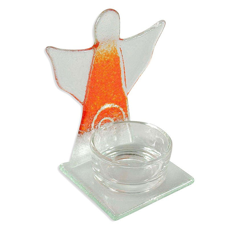Teelicht Glasengel | mit orange-weisser Spirale