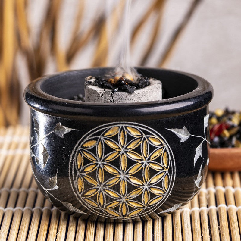 Räucherschale Lebensblume aus Speckstein in schwarz-gold