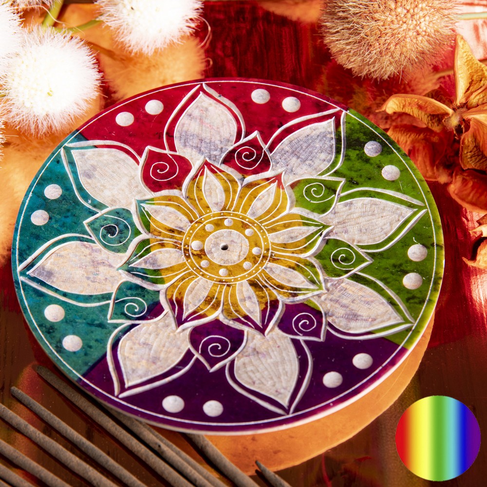 Specksteinhalter rund Mandala | buntes Regenbogenmandala