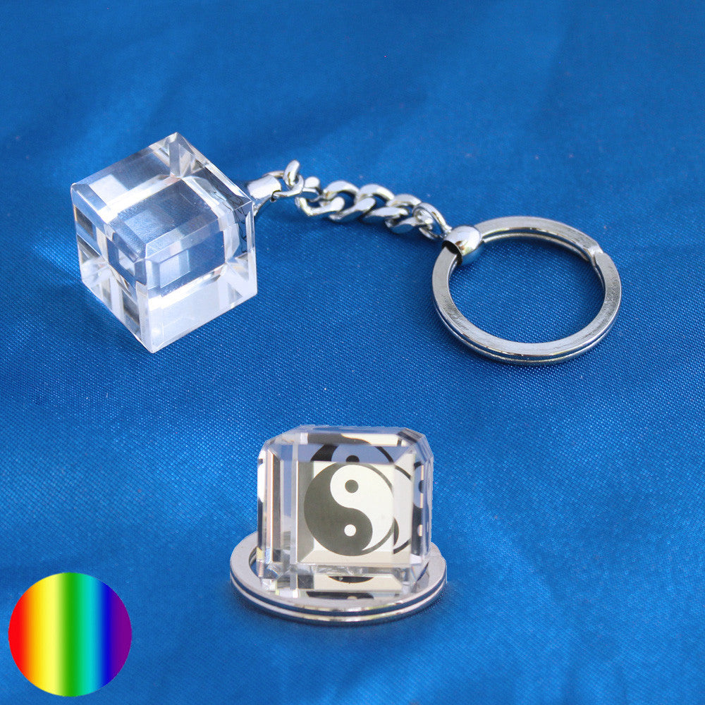 Schlüssel-Anhänger - Glaswürfel Ying-Yang | Metall-Ring und -Kette