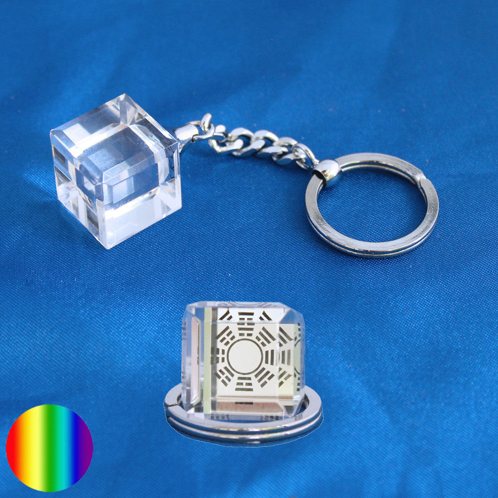 Schlüssel-Anhänger - Glaswürfel Bagua | Metall-Ring und -Kette