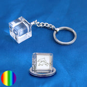 Schlüssel-Anhänger - Glaswürfel Delfine | Metall-Ring und -Kette