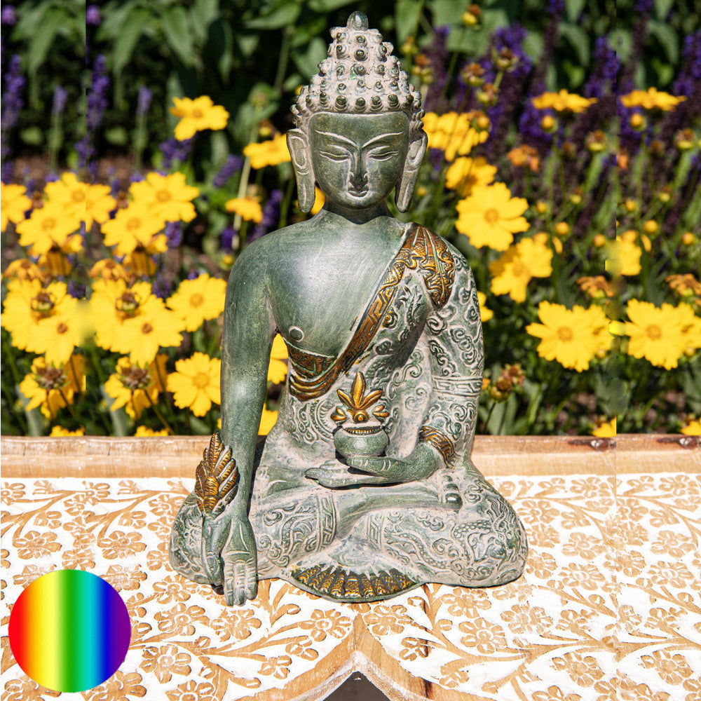 Medizin Buddha -  Messing - grüner Sandstein - Gold Finish
