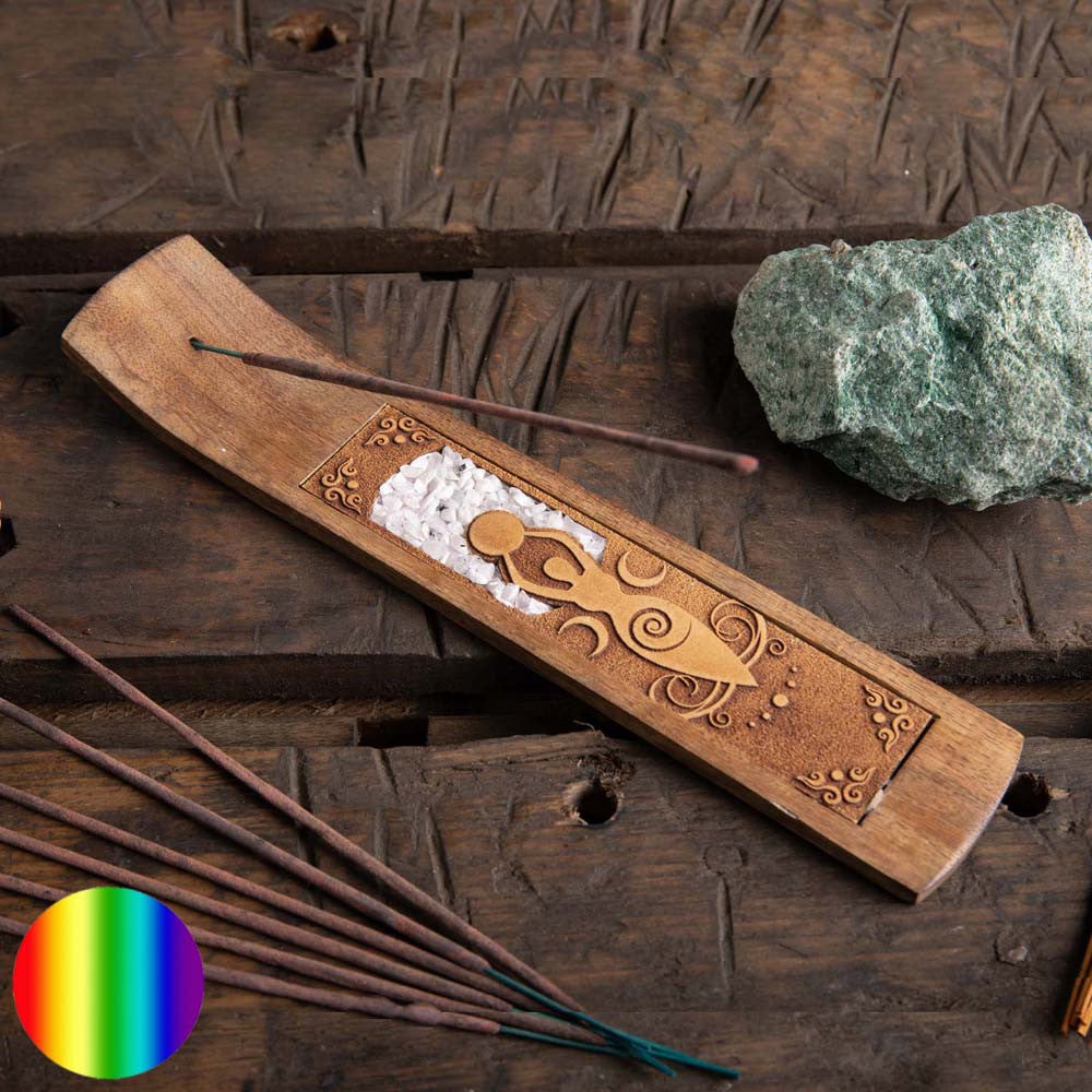 Räucherstäbchen Halter - Mondgöttin | Akazienholz Regenbogenmondstein