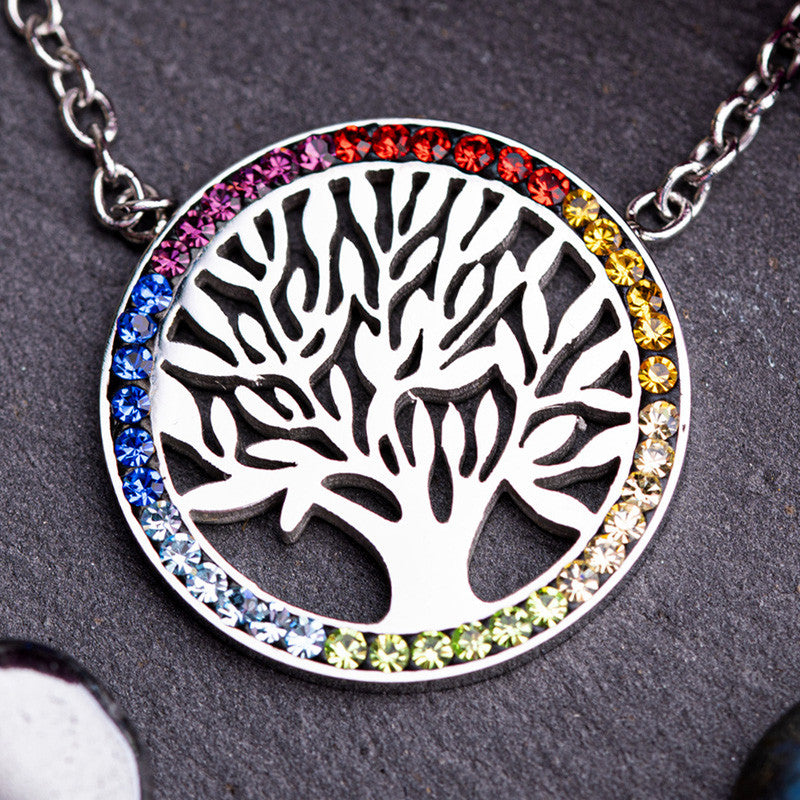 Halskette - Baum des Lebens im Chakrarad | Edelstahl und Glaskristalle