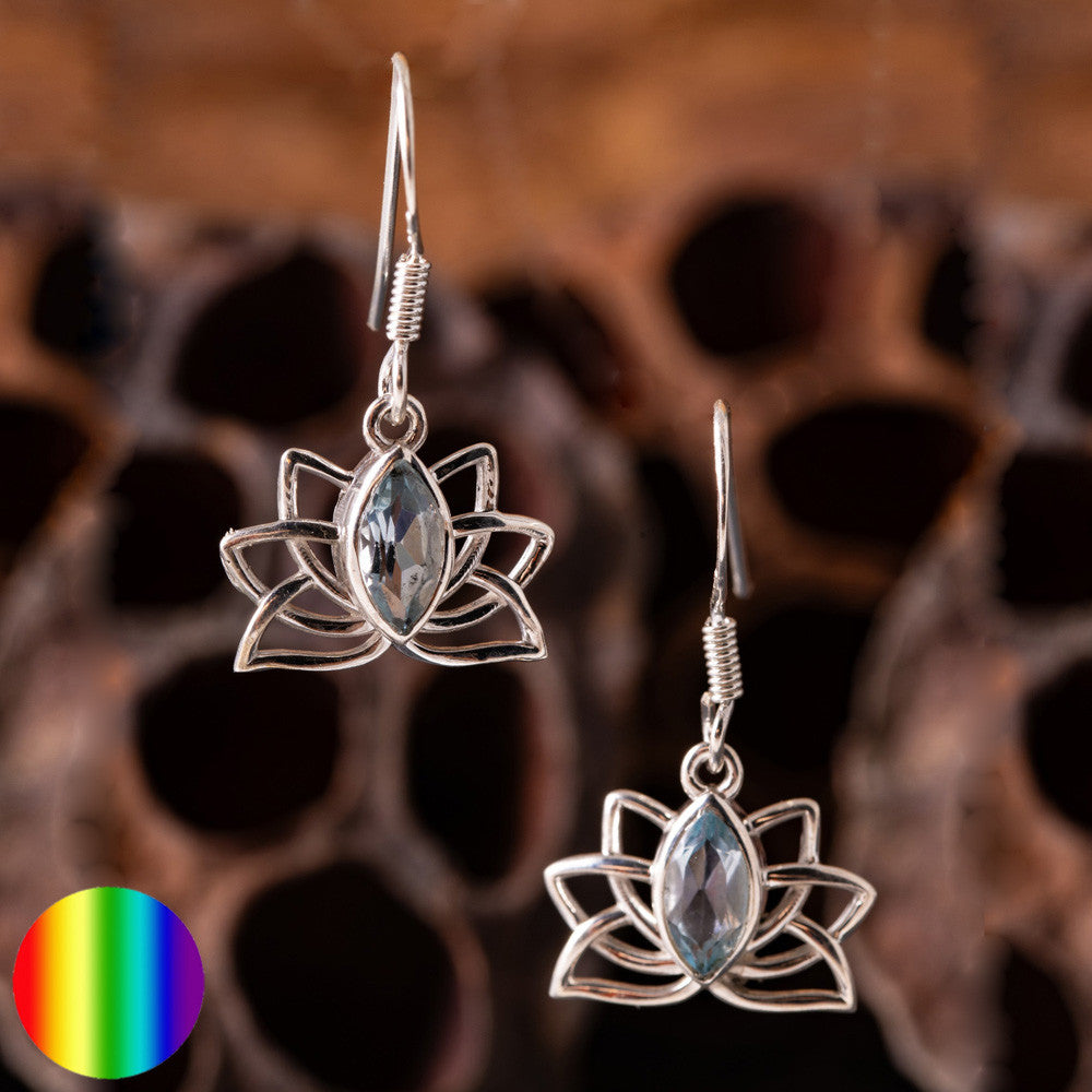 Lotus Ohrhänger - ovaler Blauer Topaz | 925 Sterling Silber
