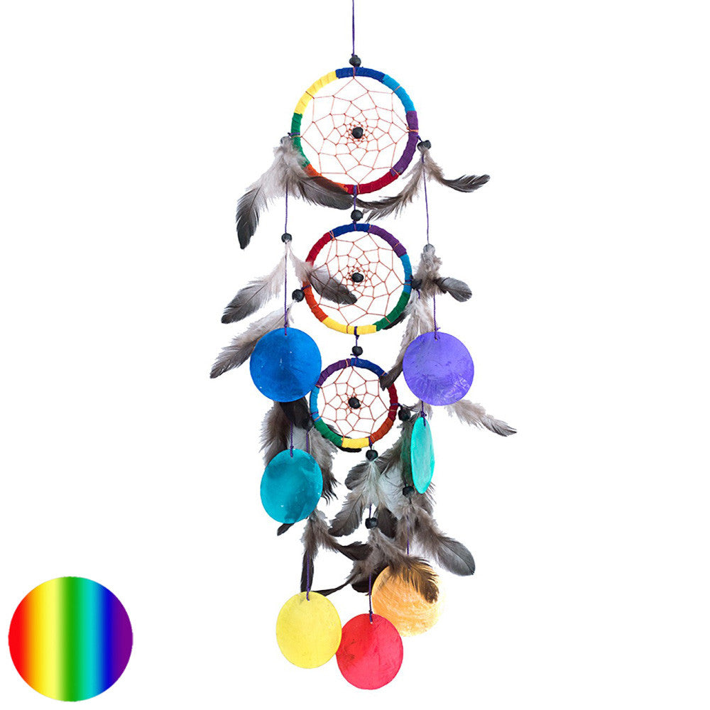 Traumfänger Mobile - Capiz Muscheln regenbogen | mit braunen Federn