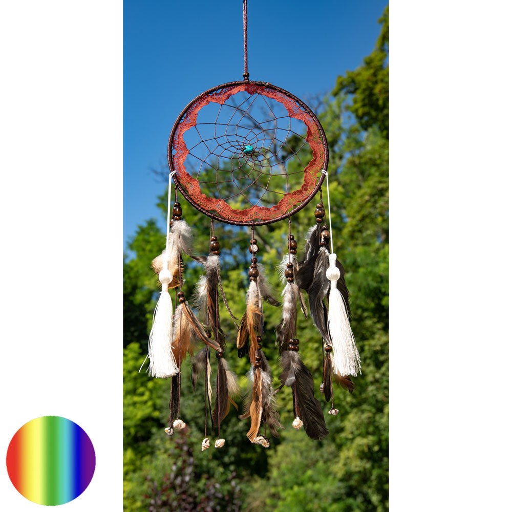 Traumfänger - Schamane mit Spitzenbordüre  | braune und weisse Federn
