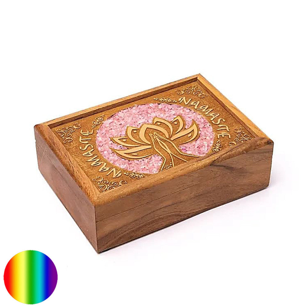 Holzschatulle - Lotus Namaste mit Rosenquarz | aus Mango Holz