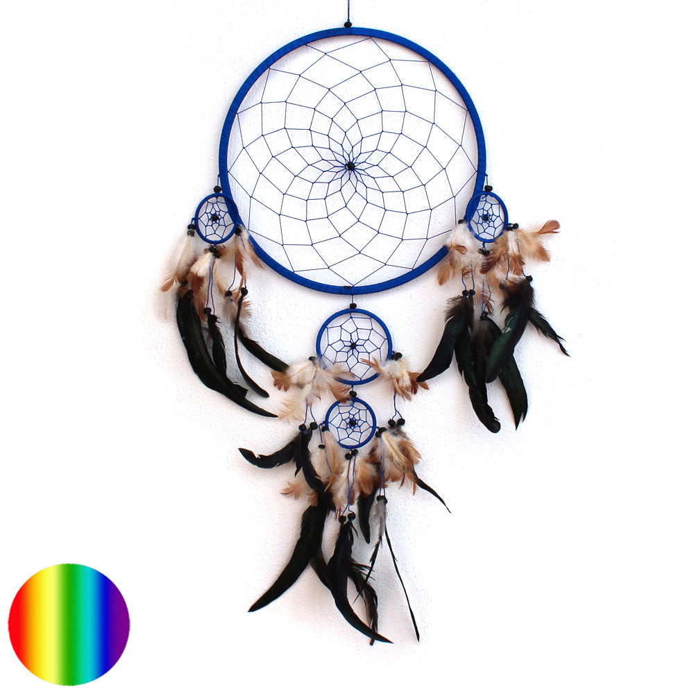 Traumfänger 5 fach gross blau | mit Federn behangen