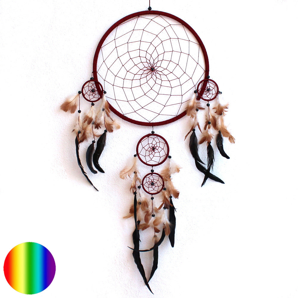 Traumfänger 5 fach gross bordeaux| mit Federn behangen