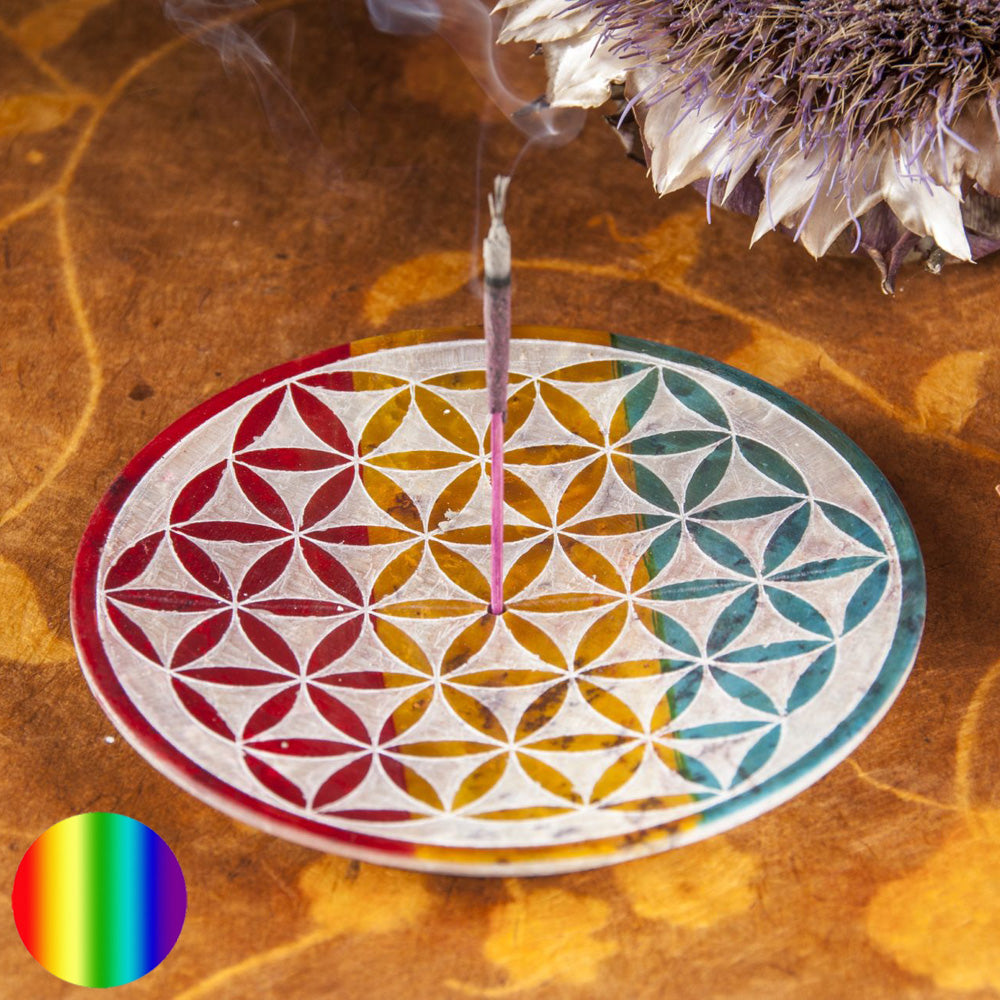 Speckstein Halter Blume des Lebens bunt