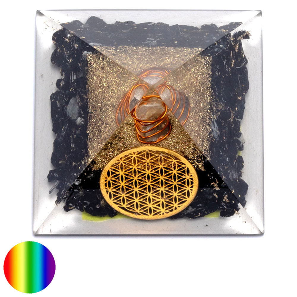 Orgon-Pyramide - Schwarzer Turmalin - Blume des Lebens 70mm